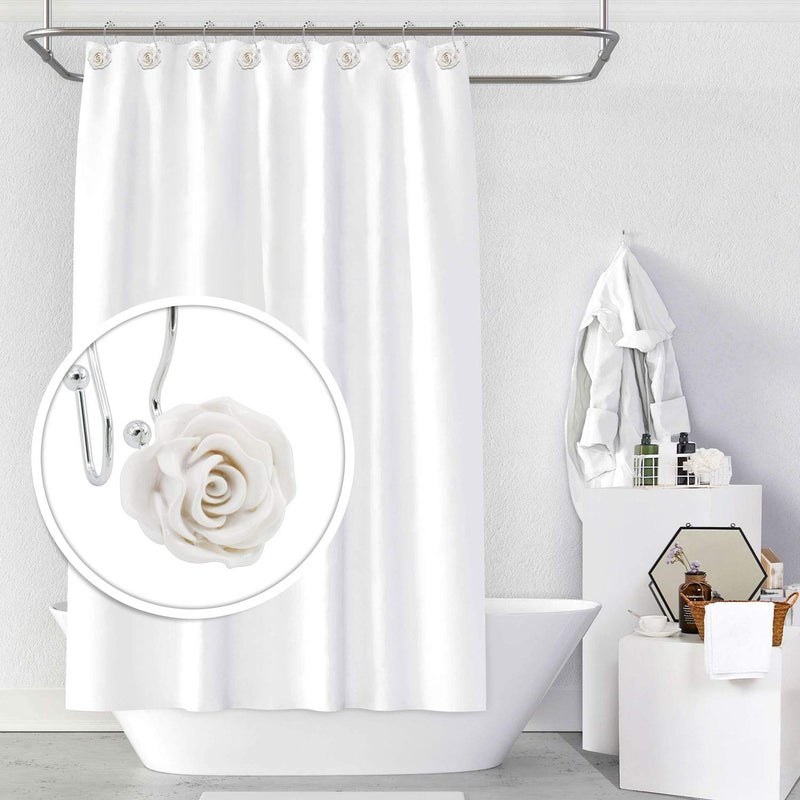 BEAVO Rose Shower Curtain Hooks,12 Pcs Double Glide Shower Curtain Rings Stainless Steel Rustproof Decorative Shower Hook Ring with Resin Rose Flower for Bathroom Shower Rods (White) - Image 2